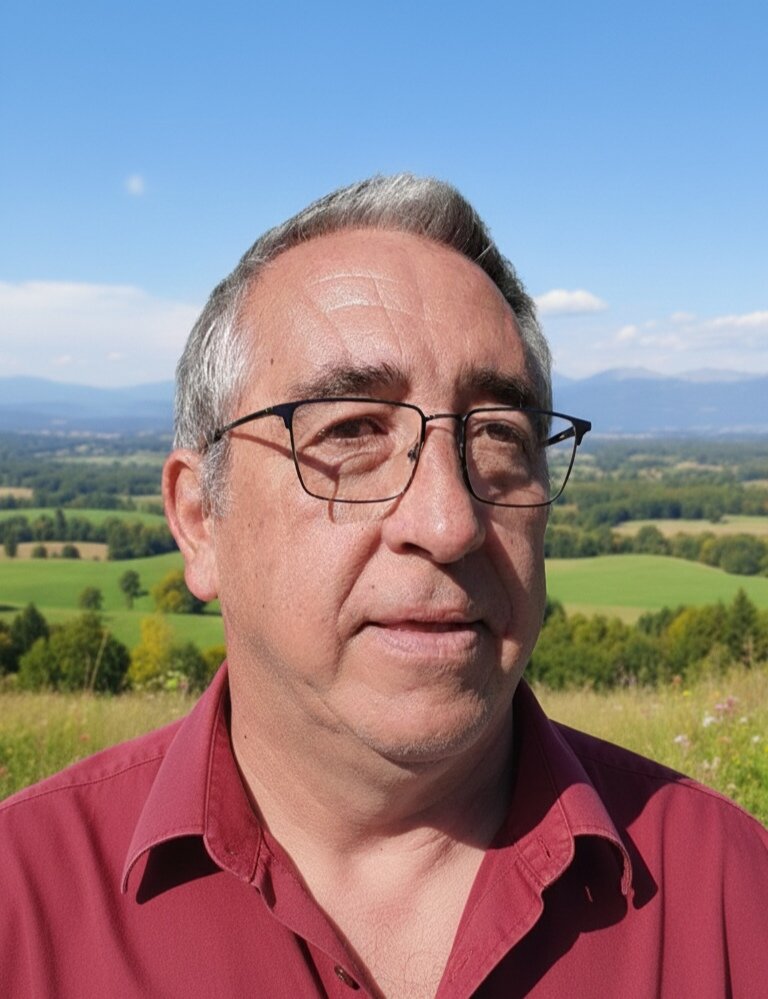 Romain, artisan laveur de vitres Vitrexpert, devant les collines d'Ardèche